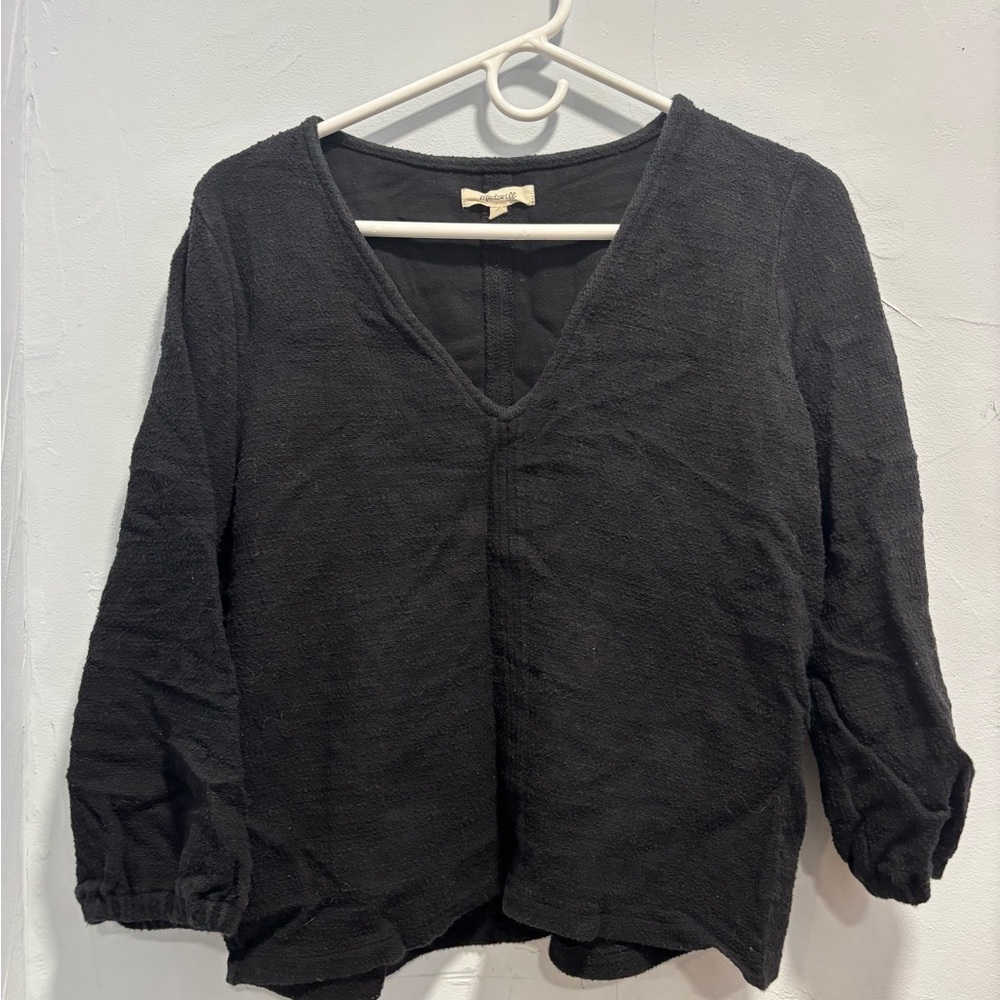 Madewell Black V-Neck Textured Long Sleeve Blouse